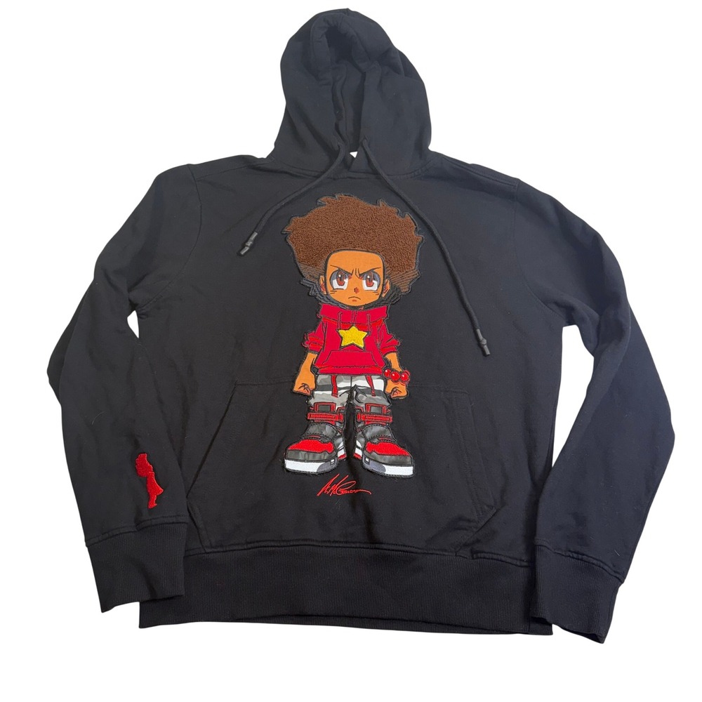 The Boondocks Hoodie Men Large Black Excellent Riley Freeman Chenille Patch